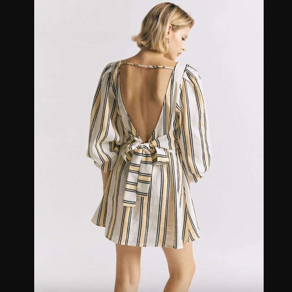 VRG GRL Tularosa Linen Lemon Yellow White Stripe Mini Dress 6 NWT